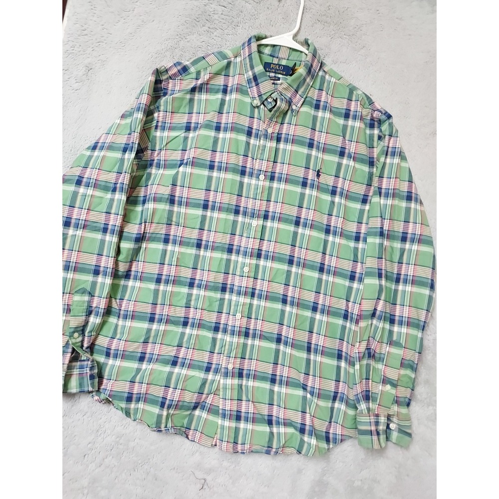 Polo Ralph Lauren Shirt Mens XL Classic Fit Oxford Cloth Plaid Green Colorful